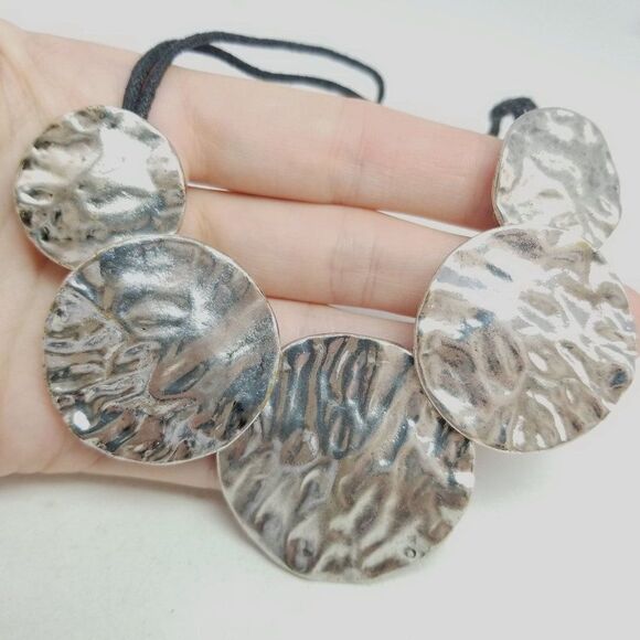Vintage Chunky Silver Tone Disc Collar Necklace, Statement, Black Cord Setting - Picture 6 of 6